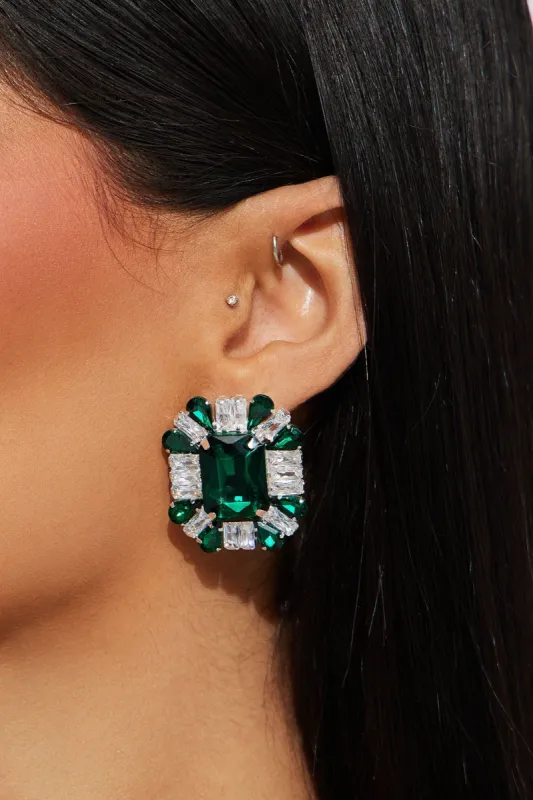 Pure Excellence Rhinestone Earrings - Silver/Green sold by Fashion Nova
