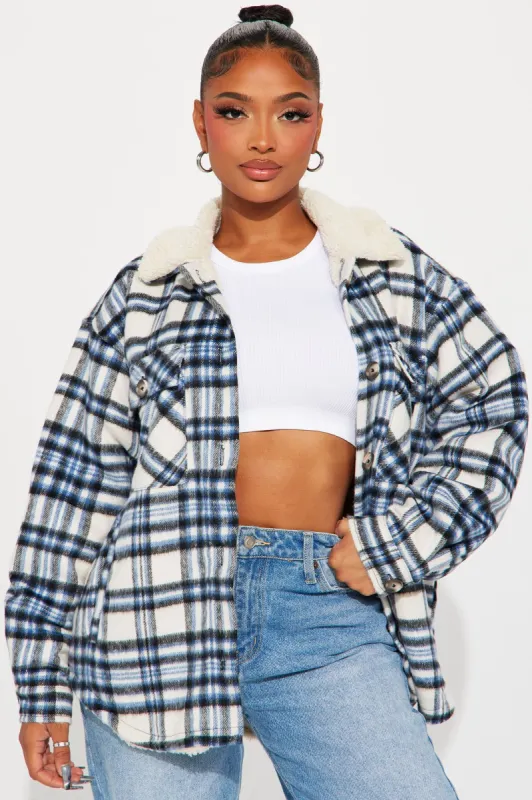 Down The Line Plaid Shacket - Blue/combo sold by Fashion Nova