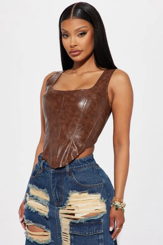 Kianna Washed Faux Leather Corset Top - Brown sold by Fashion Nova