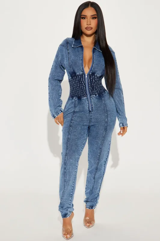 Not Too Late Denim Jumpsuit - Medium Wash sold by Fashion Nova