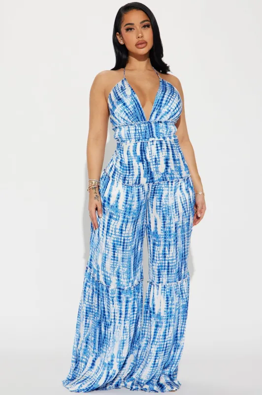 Sipping Mai Tais Satin Jumpsuit - Blue/combo sold by Fashion Nova