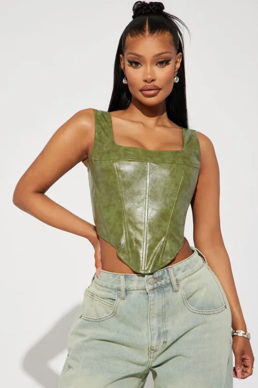 Kianna Washed Faux Leather Corset Top - Olive sold by Fashion Nova