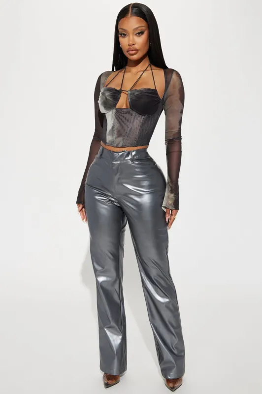 Never Lonely Metallic Straight Leg Pant - Gunmetal sold by Fashion Nova
