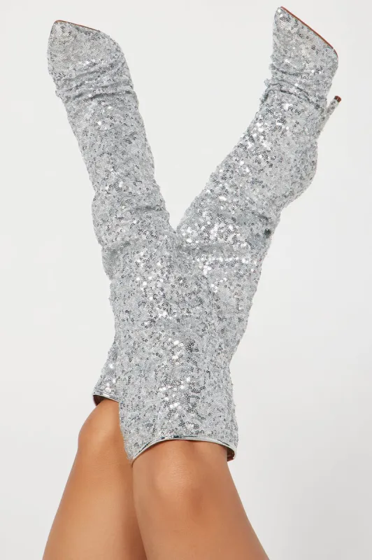 Out On The Weekends Knee High Heeled Boots - Silver sold by Fashion Nova