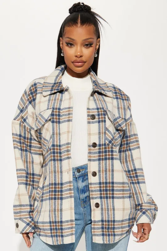 Better This Way Plaid Jacket - Blue/combo sold by Fashion Nova