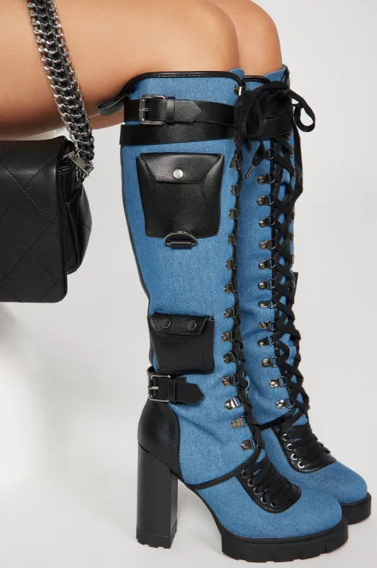 Baddie Alert Over The Knee Boots - Denim sold by Fashion Nova