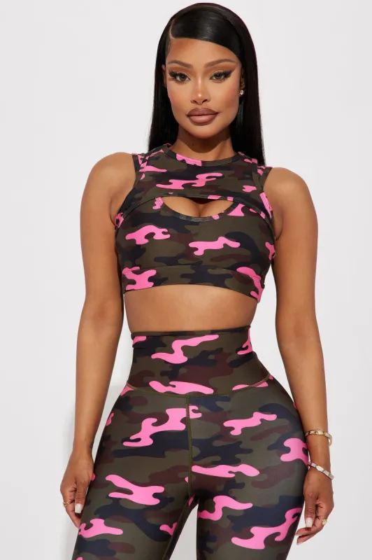 Ground Work Elevate Camo Sports Bra - Olive/combo sold by Fashion Nova