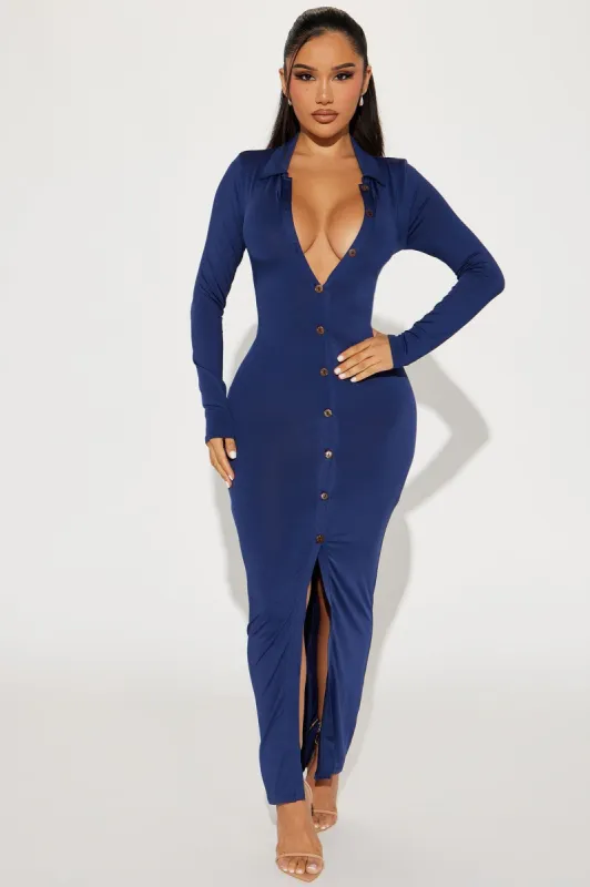 Luna Button Front Maxi Dress - Navy sold by Fashion Nova