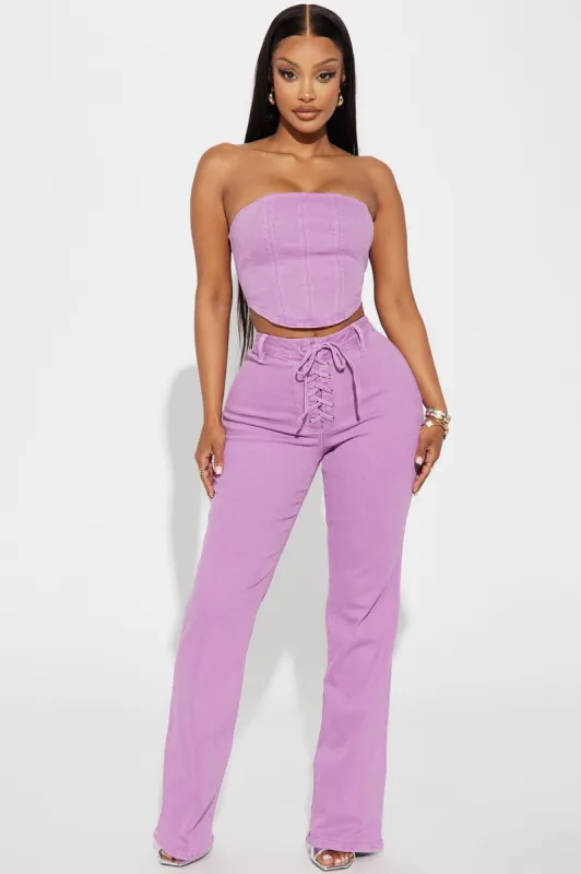 Dulce Stretch Lace Up Bootcut Jean - Lavender sold by Fashion Nova