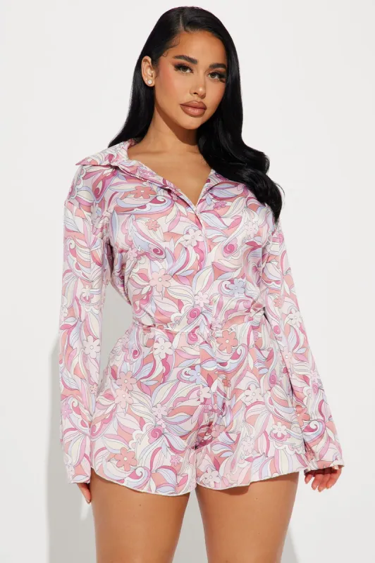 Calla Satin Romper - Pink/combo sold by Fashion Nova