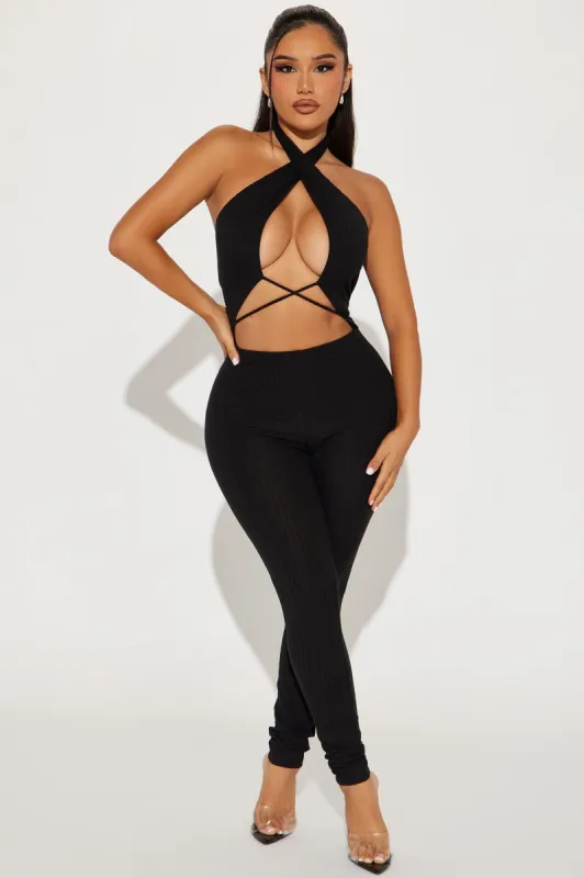 Playing Mind Games Ribbed Jumpsuit - Black sold by Fashion Nova
