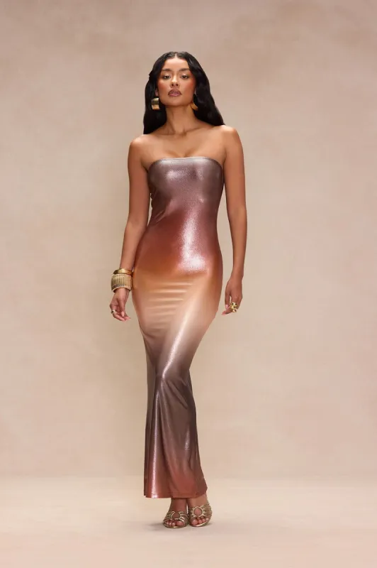 Brighter You Metallic Maxi Dress - Brown/combo sold by Fashion Nova