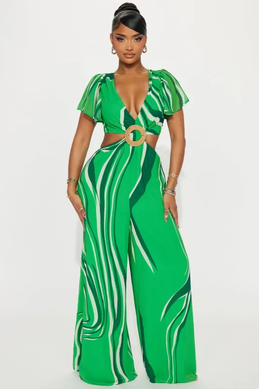 Nights In Oahu Jumpsuit - Green/combo sold by Fashion Nova