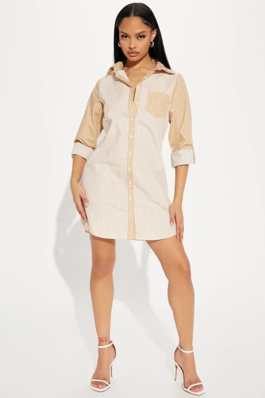 Liza Mini Shirt Dress - Sand/combo sold by Fashion Nova