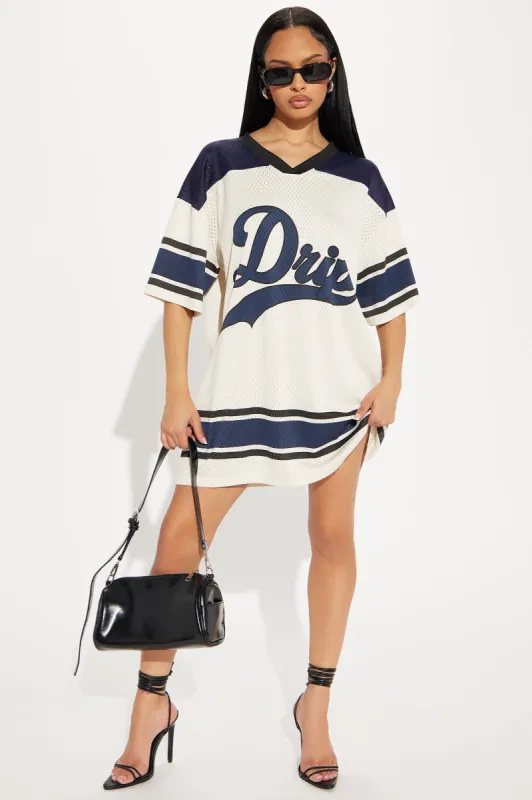 All This Drip Jersey Mini Dress - Navy/combo sold by Fashion Nova