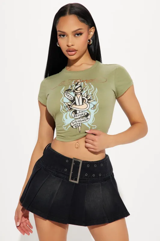 Ed Hardy Flame Dagger Burnout Fitted Tee - Olive sold by Fashion Nova