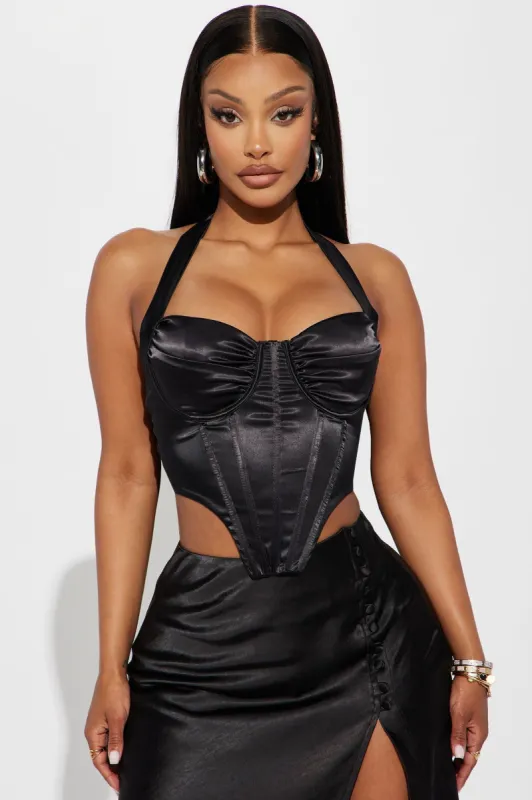 Mermaid Vibes Satin Corset Top - Black sold by Fashion Nova