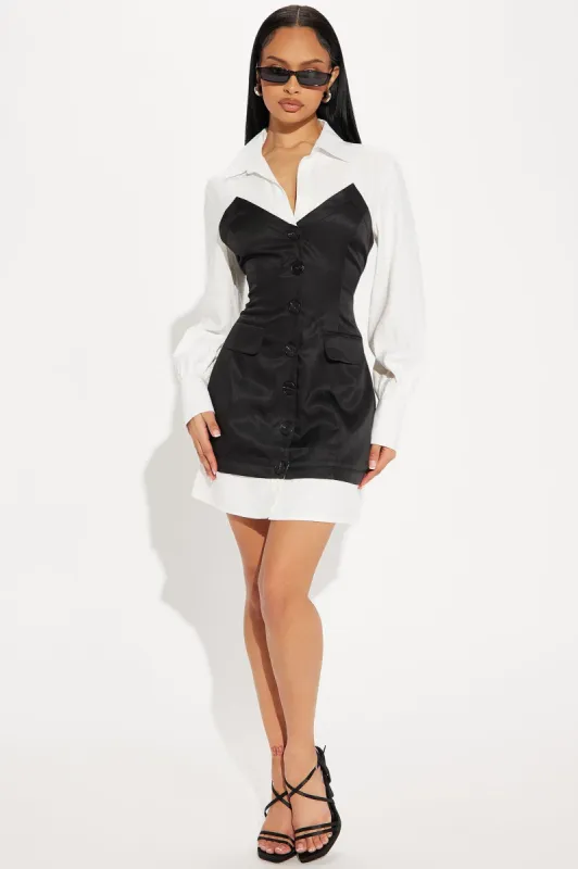 Katie Blazer Mini Dress - White/Black sold by Fashion Nova