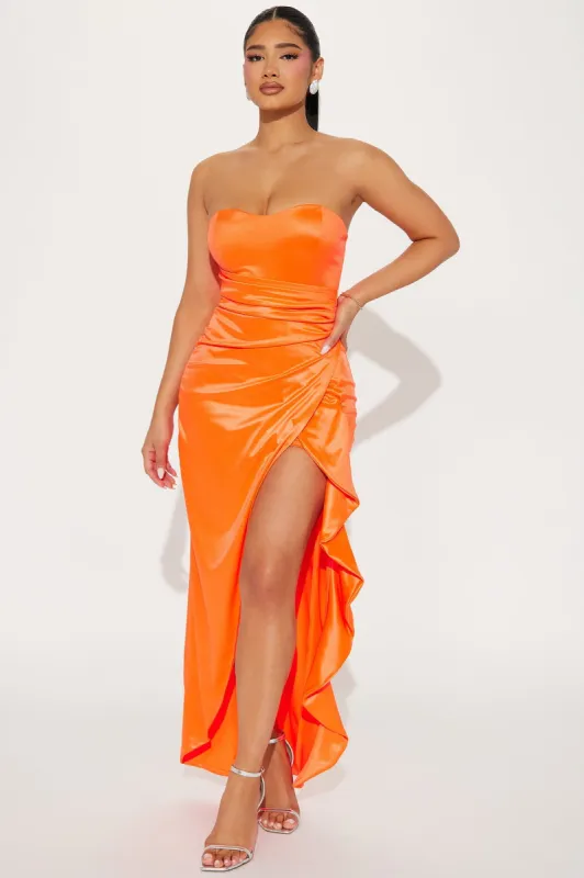 Miranda Strapless Satin Maxi Gown - Orange sold by Fashion Nova