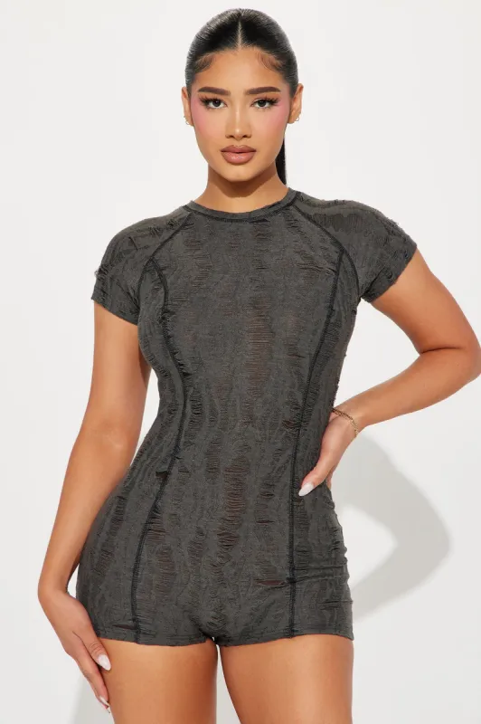 All Your Motivation Distressed Romper - Charcoal sold by Fashion Nova