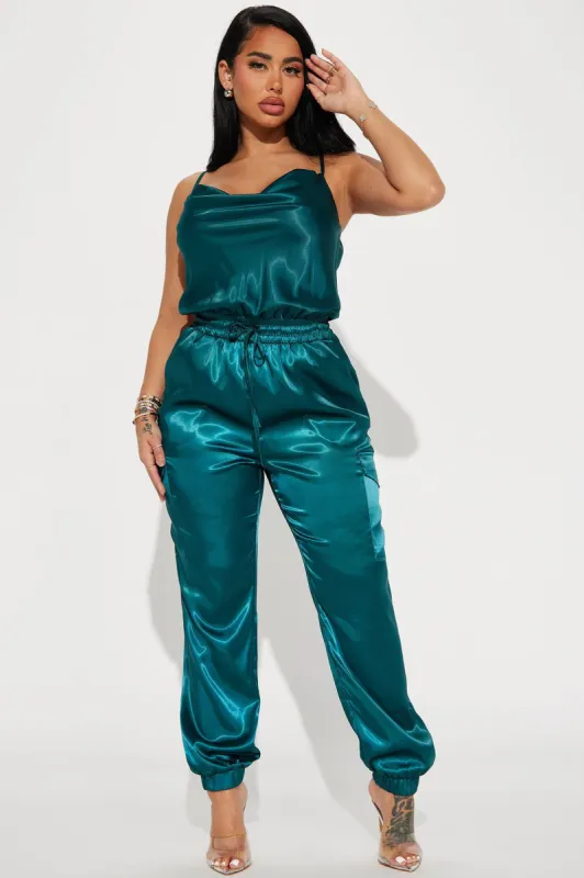 Keep Me Near Satin Jumpsuit - Teal sold by Fashion Nova