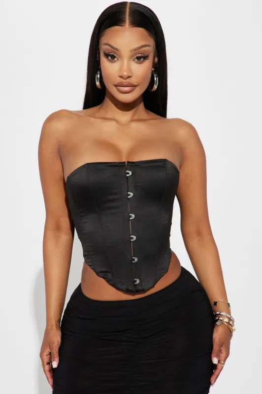 Kallista Satin Corset Top - Black sold by Fashion Nova