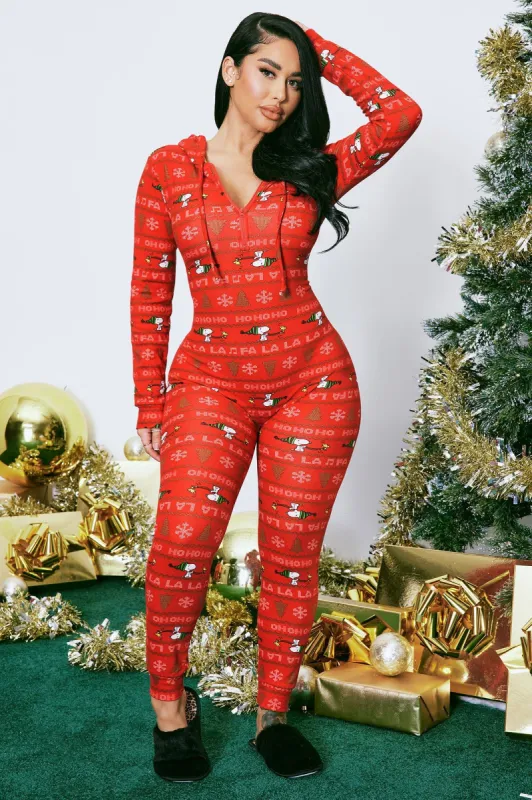 Peanuts Fa La La PJ Jumpsuit Onesie - Red sold by Fashion Nova