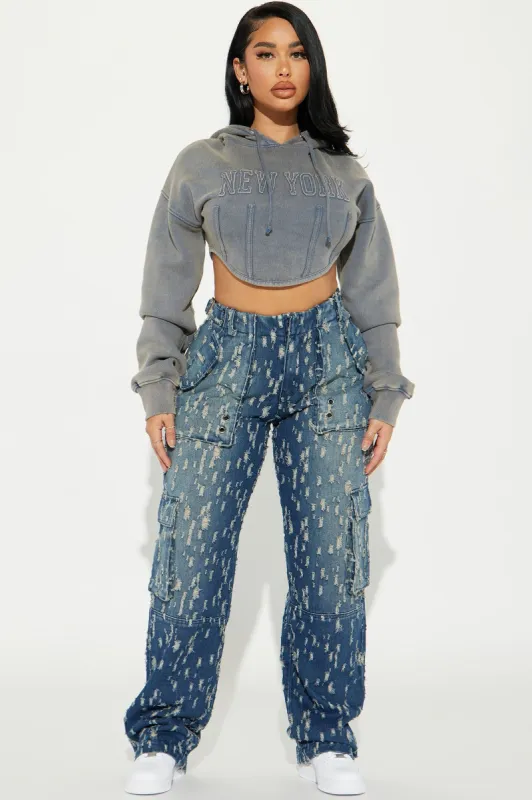 It Takes Two Tinted Cargo Jeans - Dark Wash sold by Fashion Nova