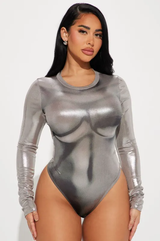 Like A Glove Long Sleeve Metallic Bodysuit - Silver sold by Fashion Nova
