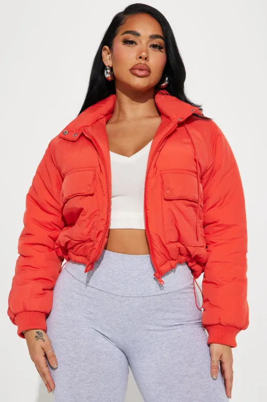 Giving You The Cold Shoulder Puffer Jacket - Red made by Fashion Nova