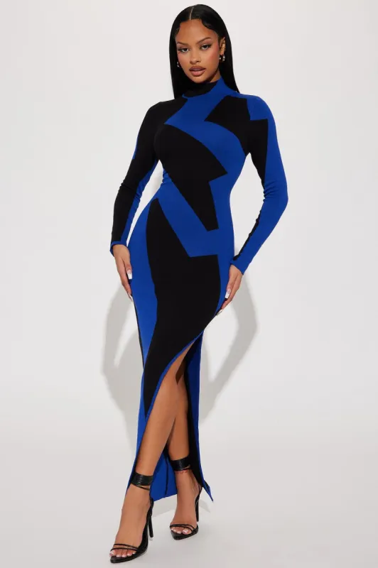 Abstract Long Sleeve Maxi Dress - Royal/combo sold by Fashion Nova