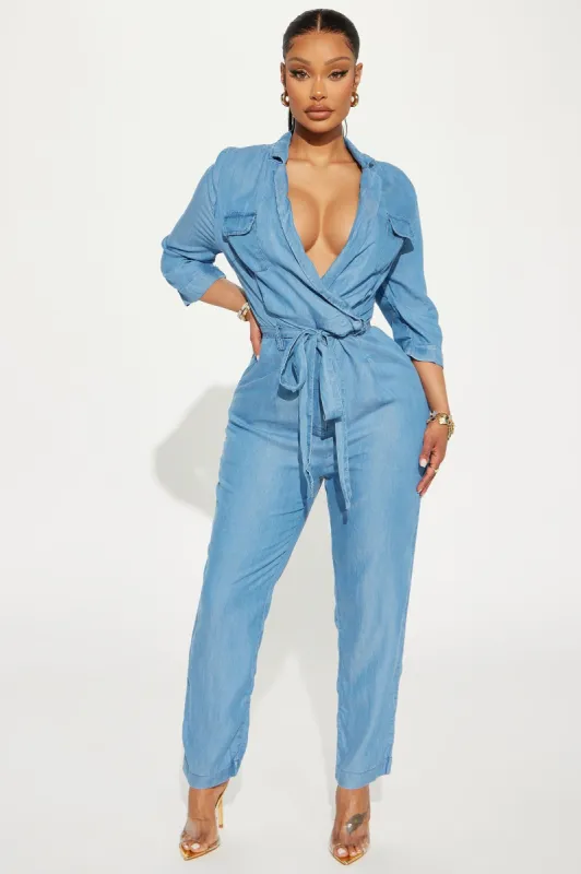 Down In Flames Chambray Jumpsuit - Medium Wash sold by Fashion Nova