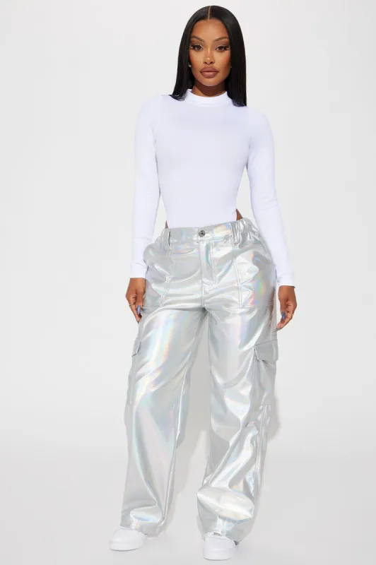 Crowd Control Metallic Cargo Pant - Silver sold by Fashion Nova