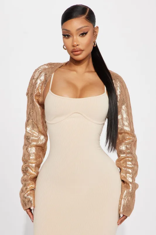 Here For The Vibes Metallic Bolero Sweater - Bronze sold by Fashion Nova