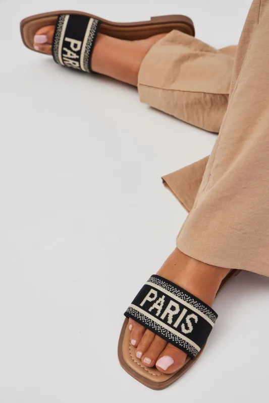 Love A Little Paris Flat Sandals - Black sold by Fashion Nova