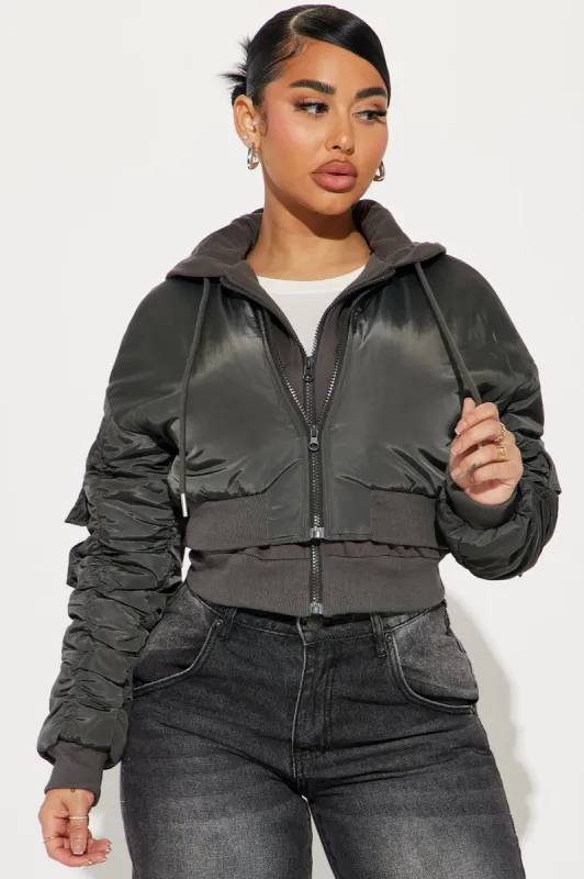 Breezy Nights Bomber Jacket - Charcoal sold by Fashion Nova