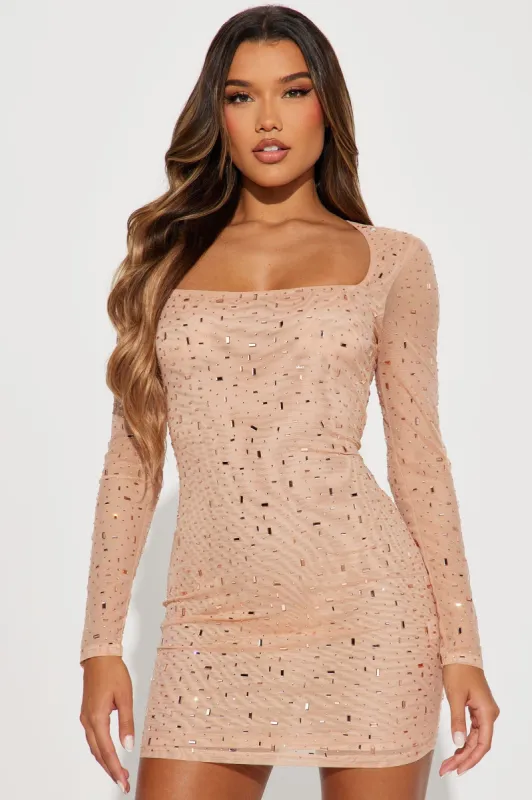 Natalia Rhinestone Mesh Mini Dress - Nude sold by Fashion Nova