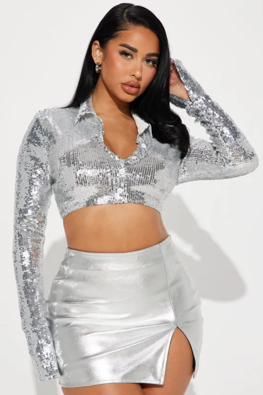 Booked And Busy Sequin Shirt - Silver sold by Fashion Nova