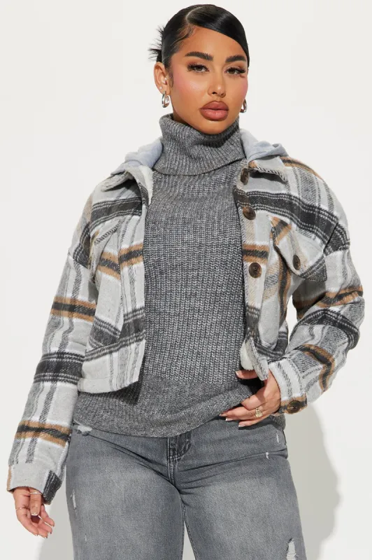 Keep Checking Plaid Shacket - Grey/combo sold by Fashion Nova