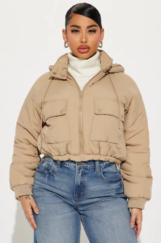 Giving You The Cold Shoulder Puffer Jacket - Khaki made by Fashion Nova
