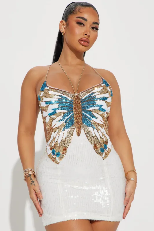 Butterfly Sequin Mini Dress - White sold by Fashion Nova