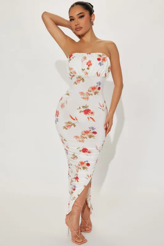 Sarina Ruched Floral Midi Dress - White/combo sold by Fashion Nova