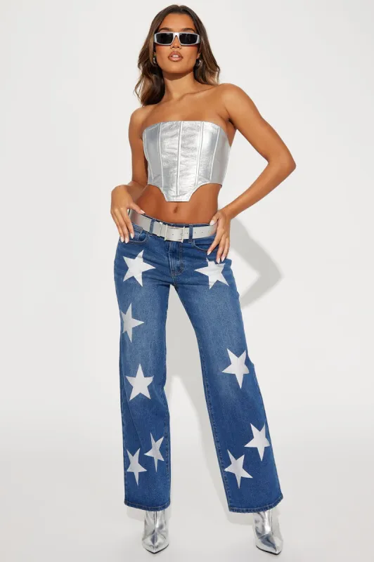 A Star Is Rising Baggy Stretch Jeans - Dark Wash sold by Fashion Nova