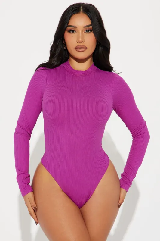 Gina Ribbed Long Sleeve Bodysuit - Purple sold by Fashion Nova