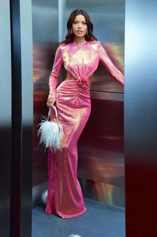 Tristy Ruched Sequin Gown - Hot Pink made by Fashion Nova