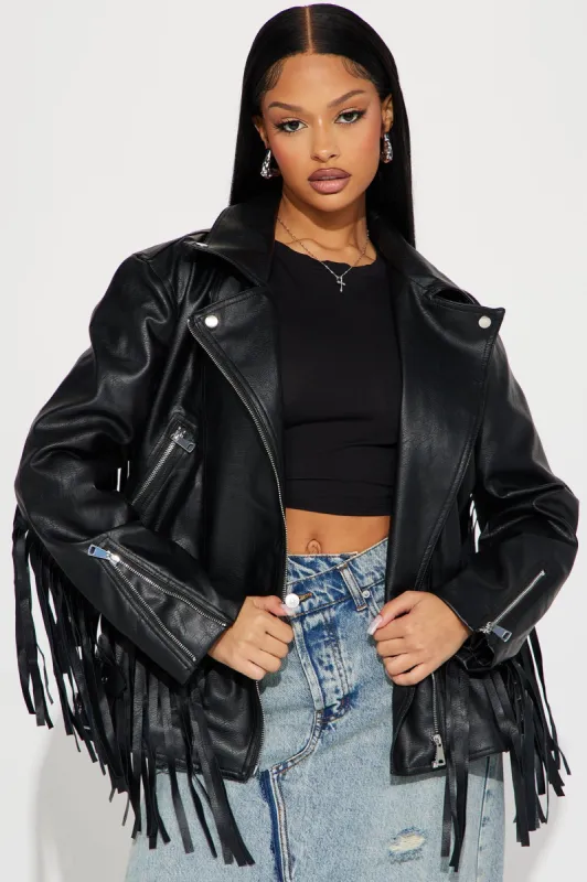 Spicing Things Up Fringe Jacket - Black sold by Fashion Nova