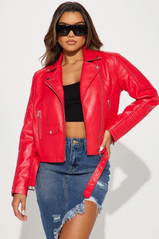 Can't Stop Me Now PU Leather Jacket - Red sold by Fashion Nova