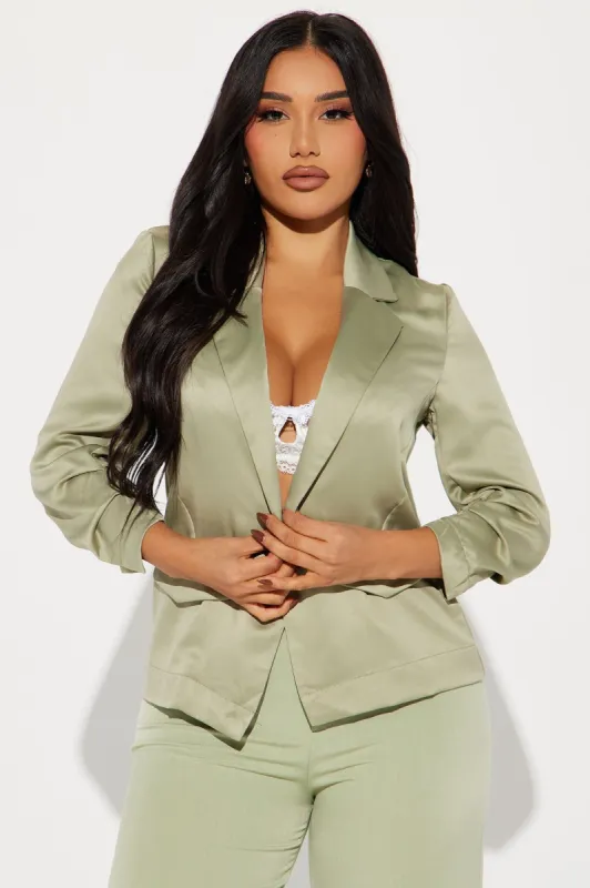 Sign The Check Satin Blazer - Olive sold by Fashion Nova
