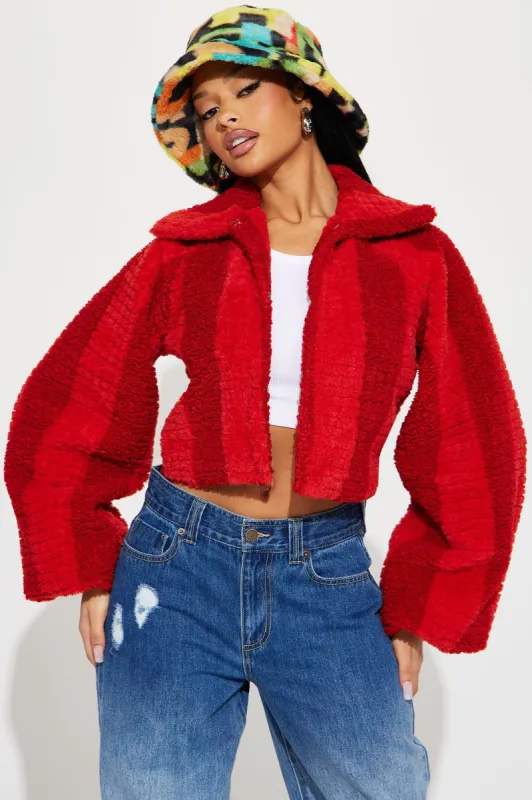 Hot Babe Faux Fur Jacket - Red/combo sold by Fashion Nova