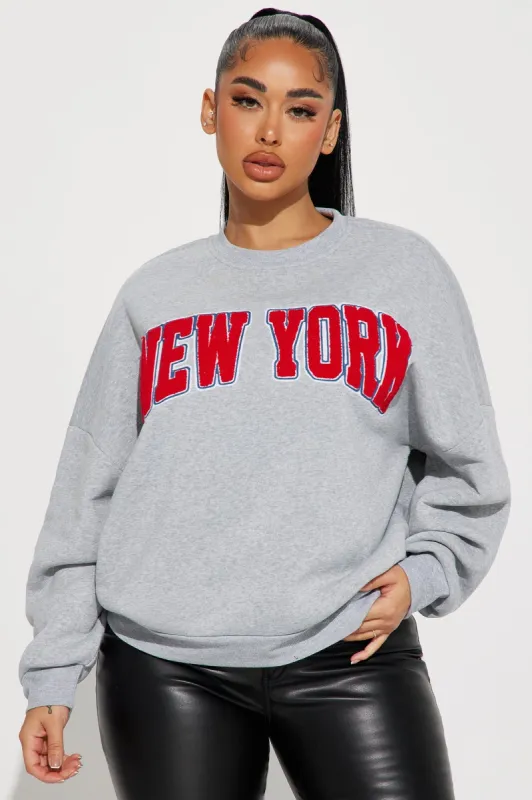 New York Chenille Patch Sweatshirt - Heather Grey sold by Fashion Nova